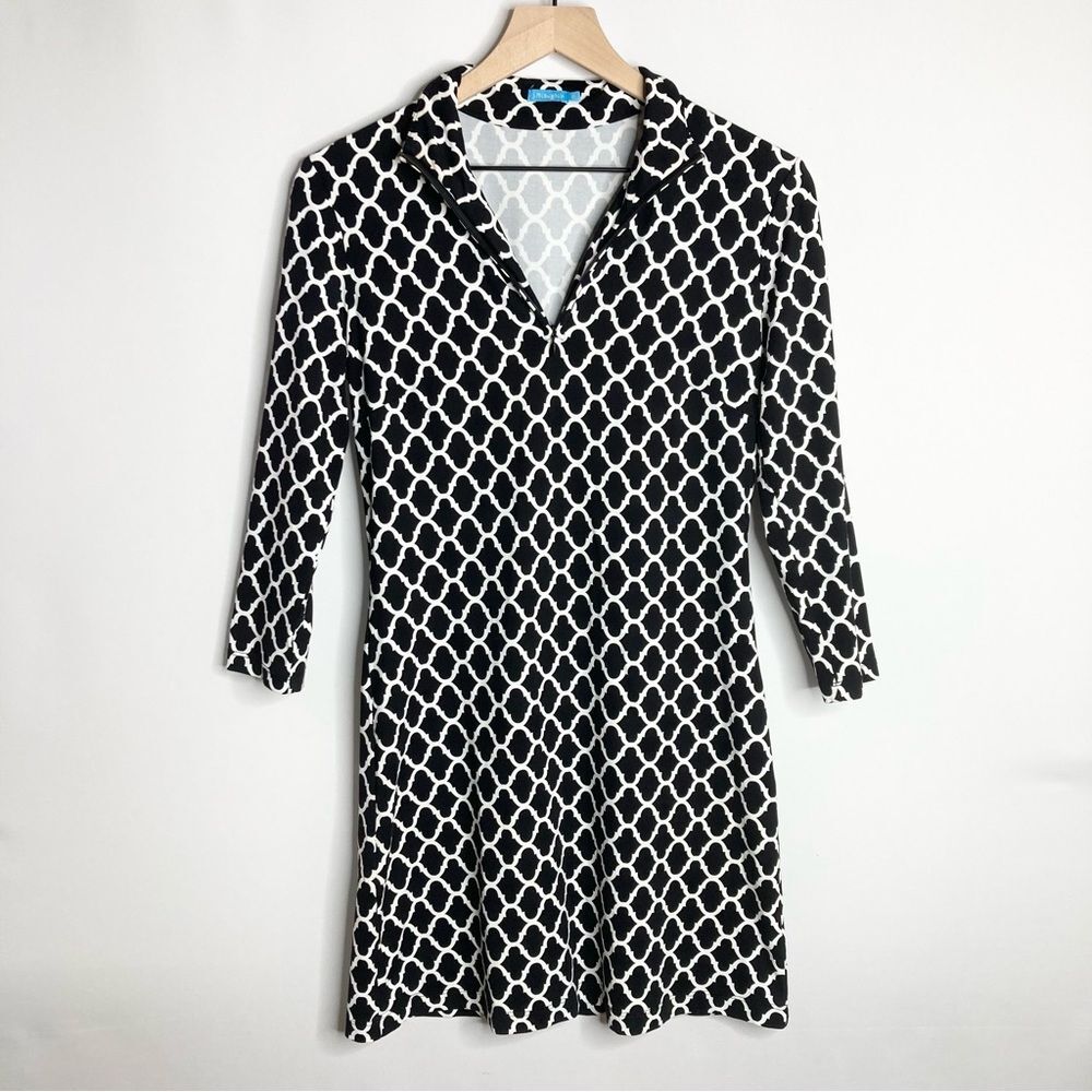 J McLaughlin Y2K Dress Black and White Geometric Trellis Size XS 3/4 Sleeve